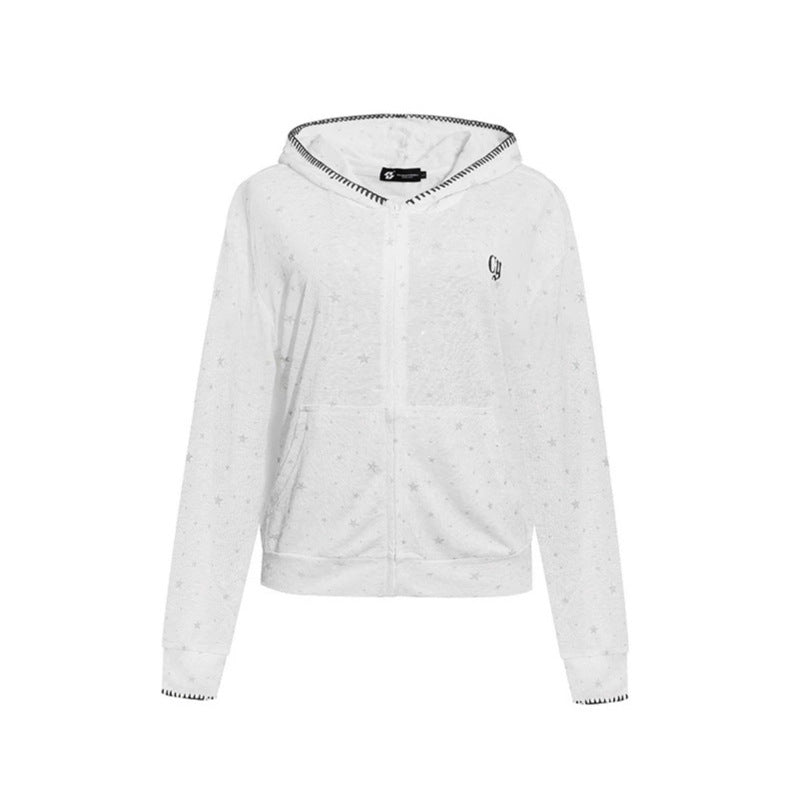 Damen Leichter Kapuzen-Zipcardigan mit Sternenallover und Ziernaht Echoarchiv