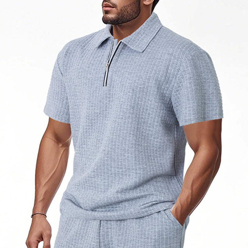 Herren Kurzarm-Henley-Shirt aus strukturierter Baumwollmischung mit Reißverschluss Echoarchiv
