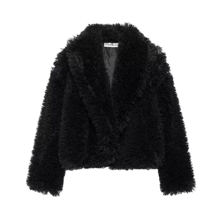 Damen nan kurze kuschelige Kunstfell-Cropped-Jacke mit großzügigem Schalkragen und offener Front Echo Archiv