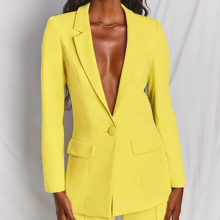 Damen nan eleganter Longline-Blazer mit tiefem V-Ausschnitt und weitem Palazzo-Hosenanzug Echo Archiv