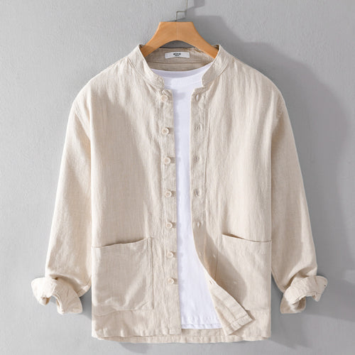 Herren Leinenjacke mit Stehkragen und aufgesetzten Taschen Echoarchiv