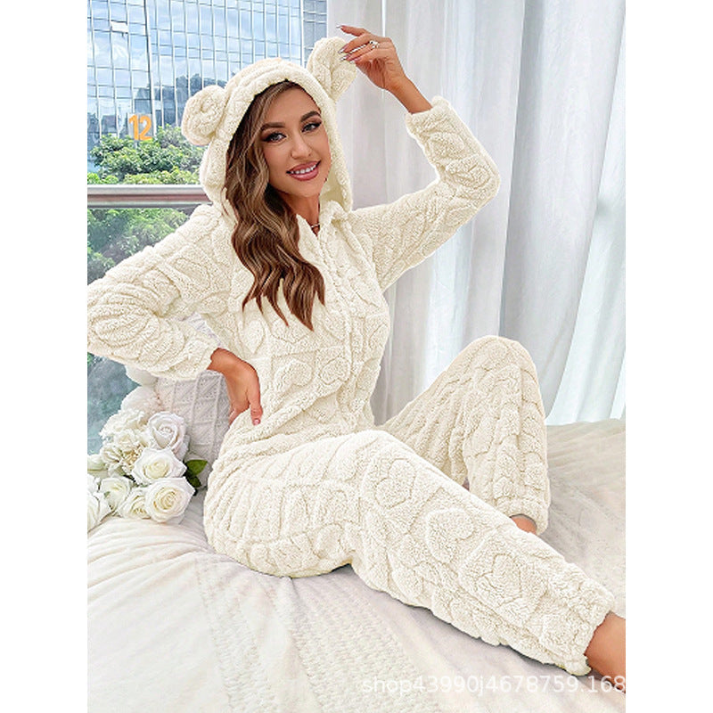 Damen Gemütlicher Fleece-Overall mit Kapuze Echoarchiv