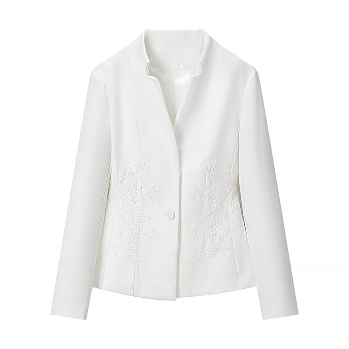Damen taillierter Kurzblazer mit Stehkragen und floraler Ton-in-Ton-Stickerei Echo Archiv