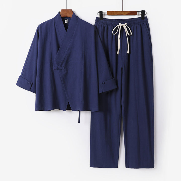 Unisex Leichtes Zen-Lounge-Set im Kimono-Stil mit überschnittener Schulter verdeckter Knotenleiste und elastischer Tunnelzughose Echoarchiv