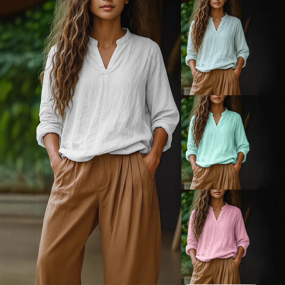 Damen Casual Tunika-Bluse in Leinenoptik mit kleinem Stehkragen und V‑Schlitz – Élovi