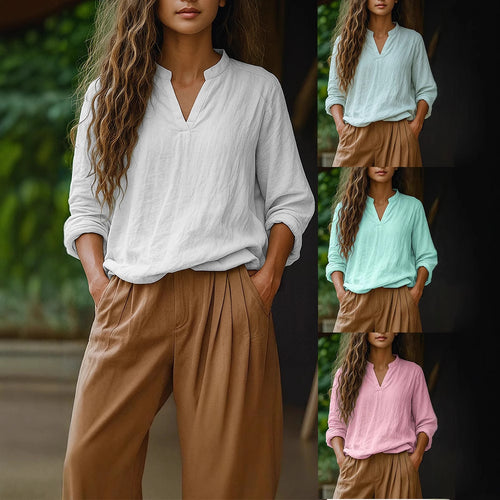 Damen Casual Tunika-Bluse in Leinenoptik mit kleinem Stehkragen und V‑Schlitz – Élovi