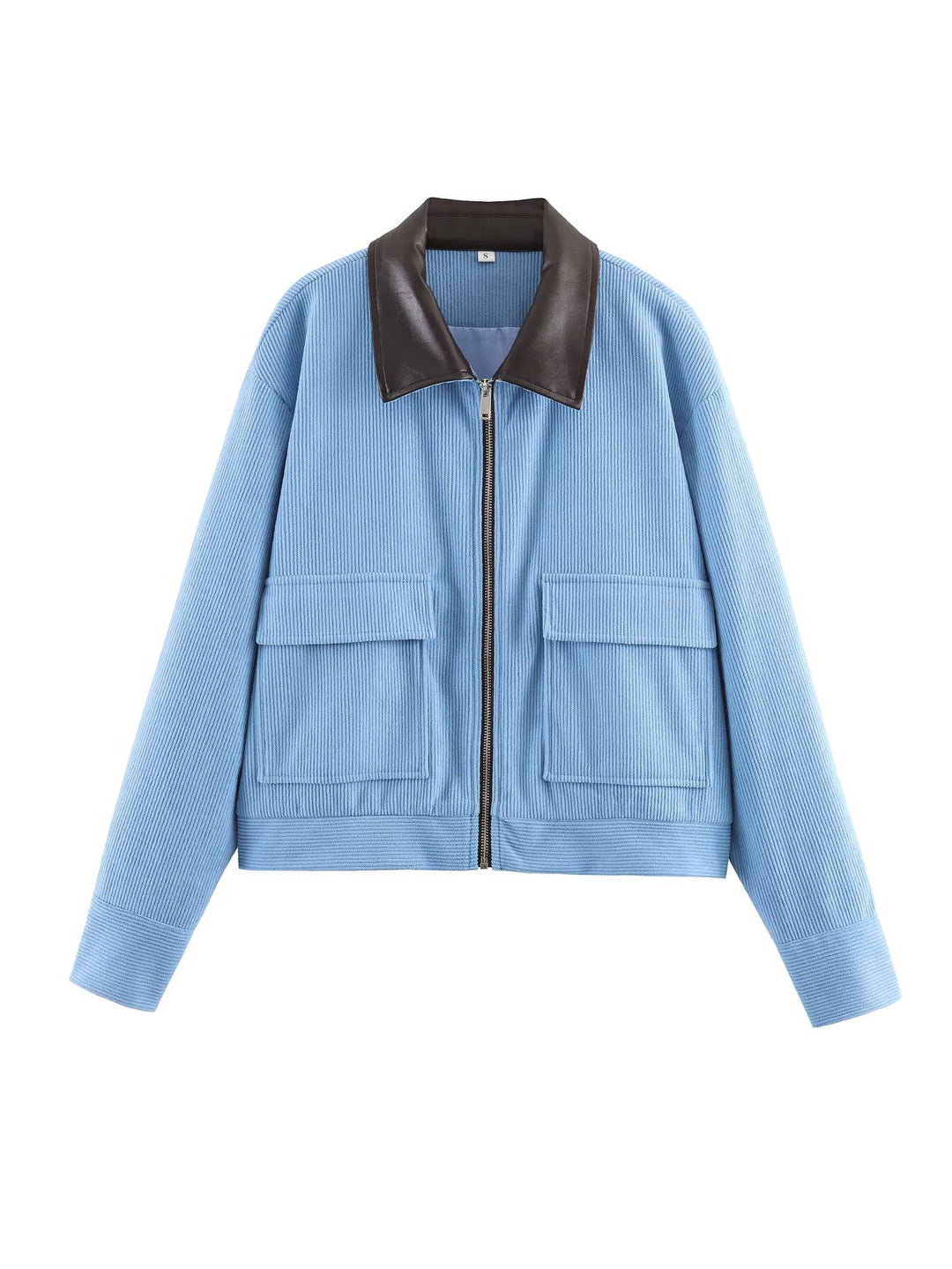Damen Cropped-Kord-Strickjacke mit markanter Rippenstruktur, Kunstleder-Umlegekragen und Pattentaschen Echoarchiv