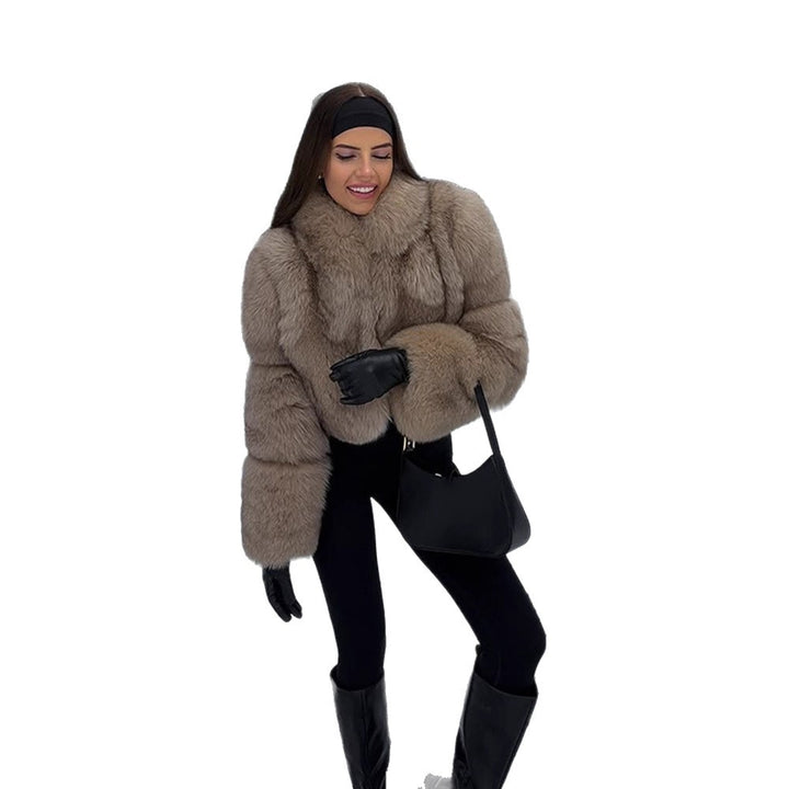 Damen Kurz geschnittener Luxus-Kunstpelzblouson mit voluminösem Schalkragen Echoarchiv