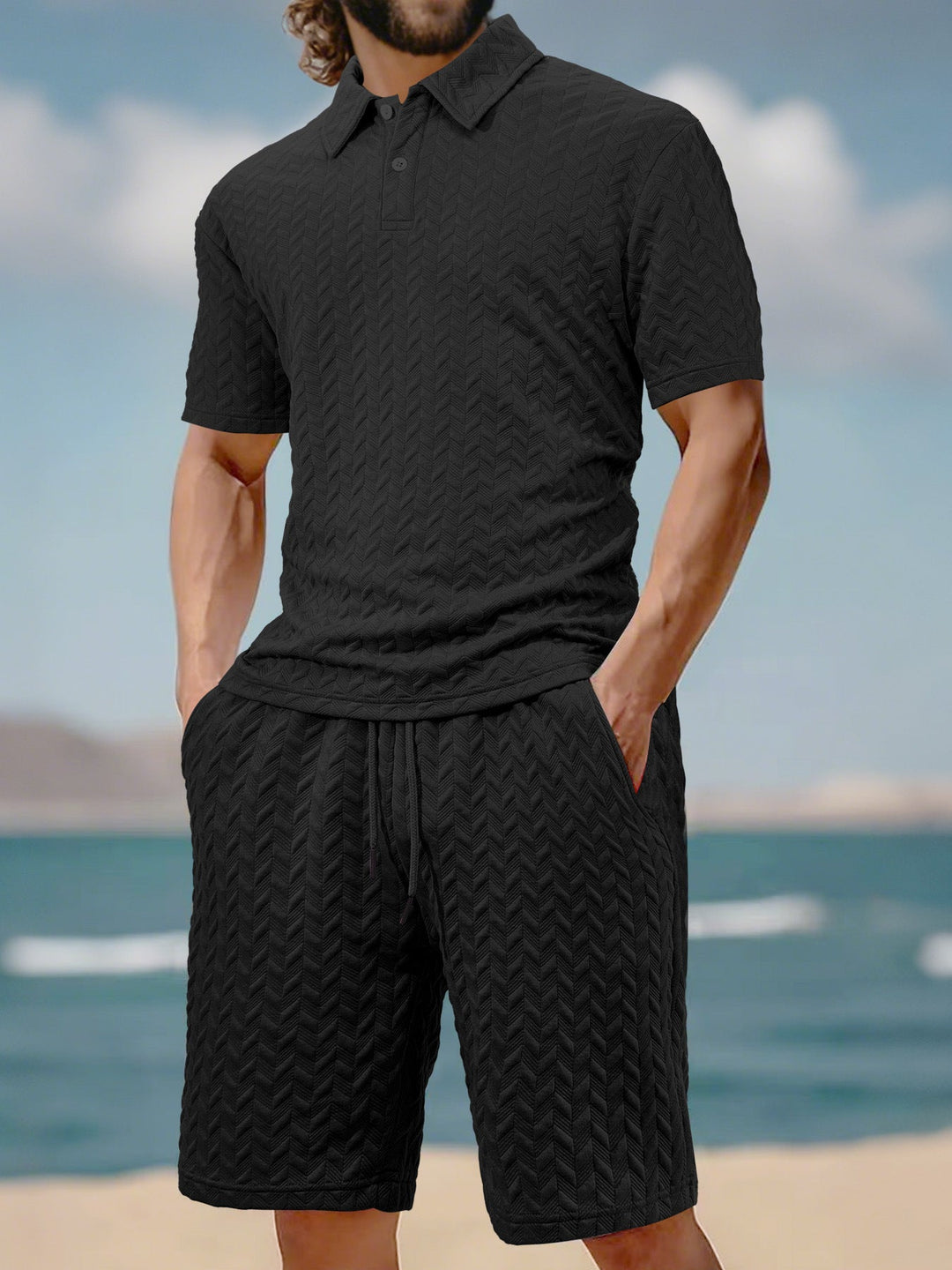 Herren nan geprägtes Strand-Ensemble mit offenem Kurzarm-Hemd und Kordel-Bermuda Echoarchiv