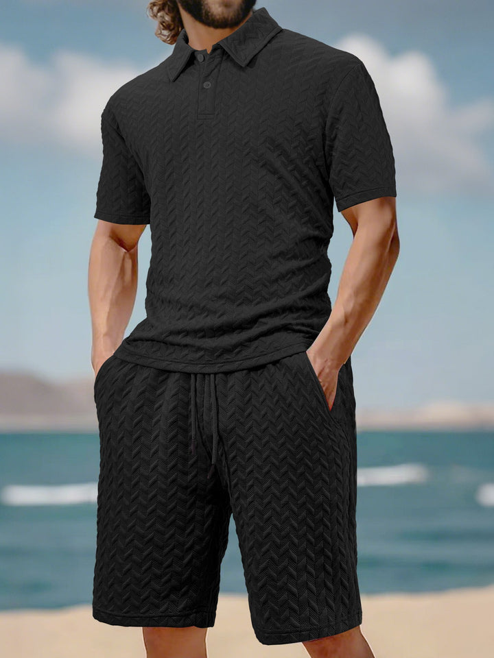 Herren nan geprägtes Strand-Ensemble mit offenem Kurzarm-Hemd und Kordel-Bermuda Echoarchiv