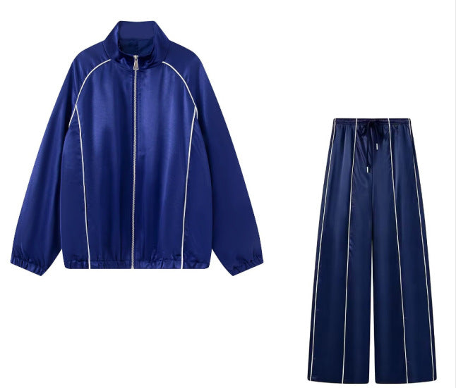 Damen Zweiteiliges Satin-Trainingsset mit Reißverschlussjacke und weitem Trackpant Echoarchiv