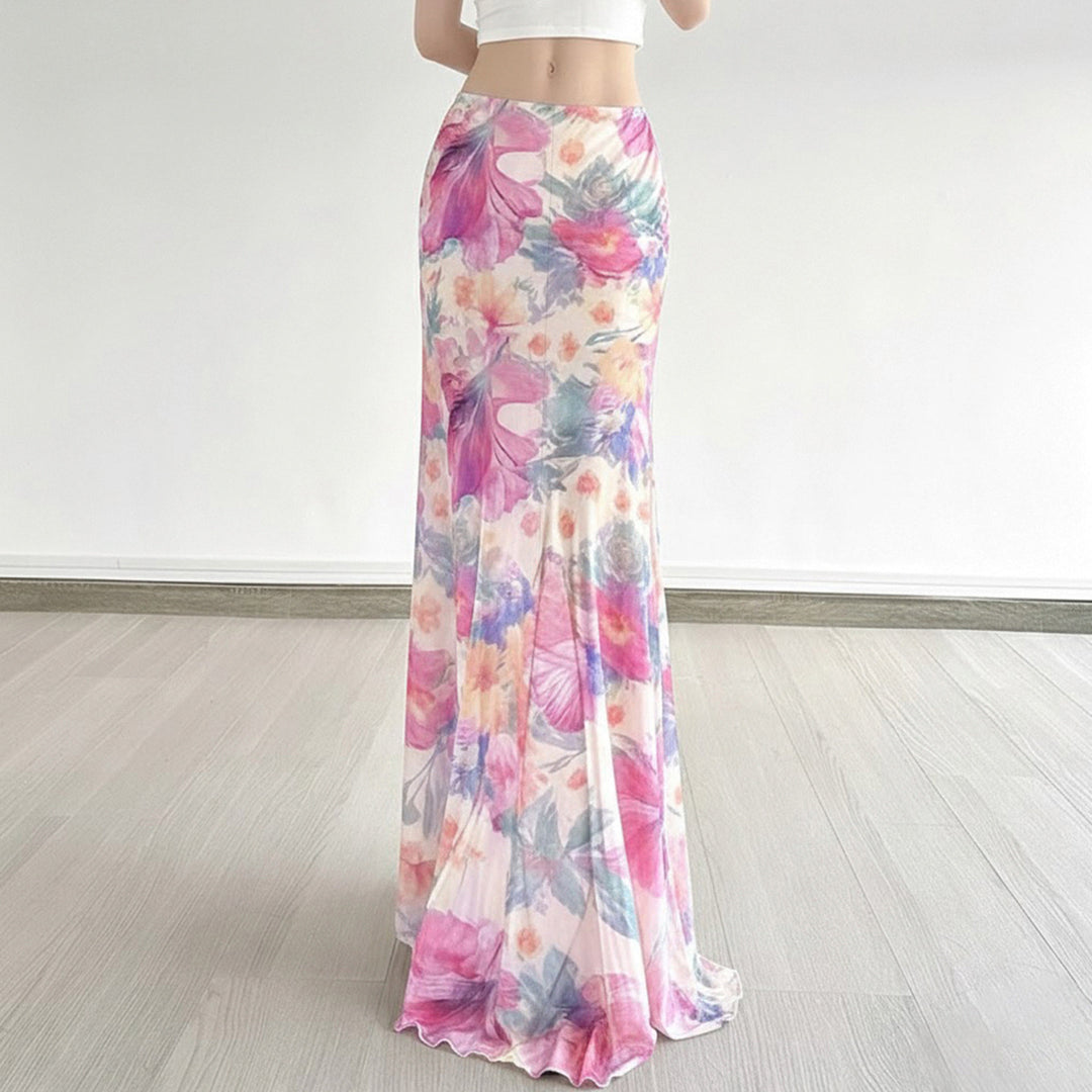 Damen Fließender Maxirock mit floralem Design und schwingendem Saum Echo Archiv