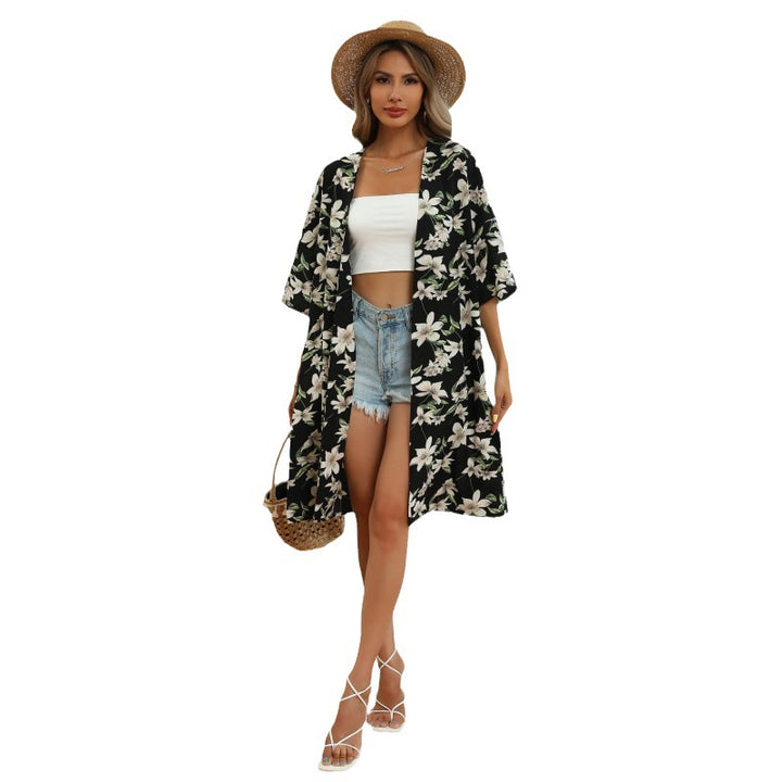 Damen Langer Kimono‑Blütenmantel mit floralem Print, offener Front und 3/4‑Ärmeln Echoarchiv