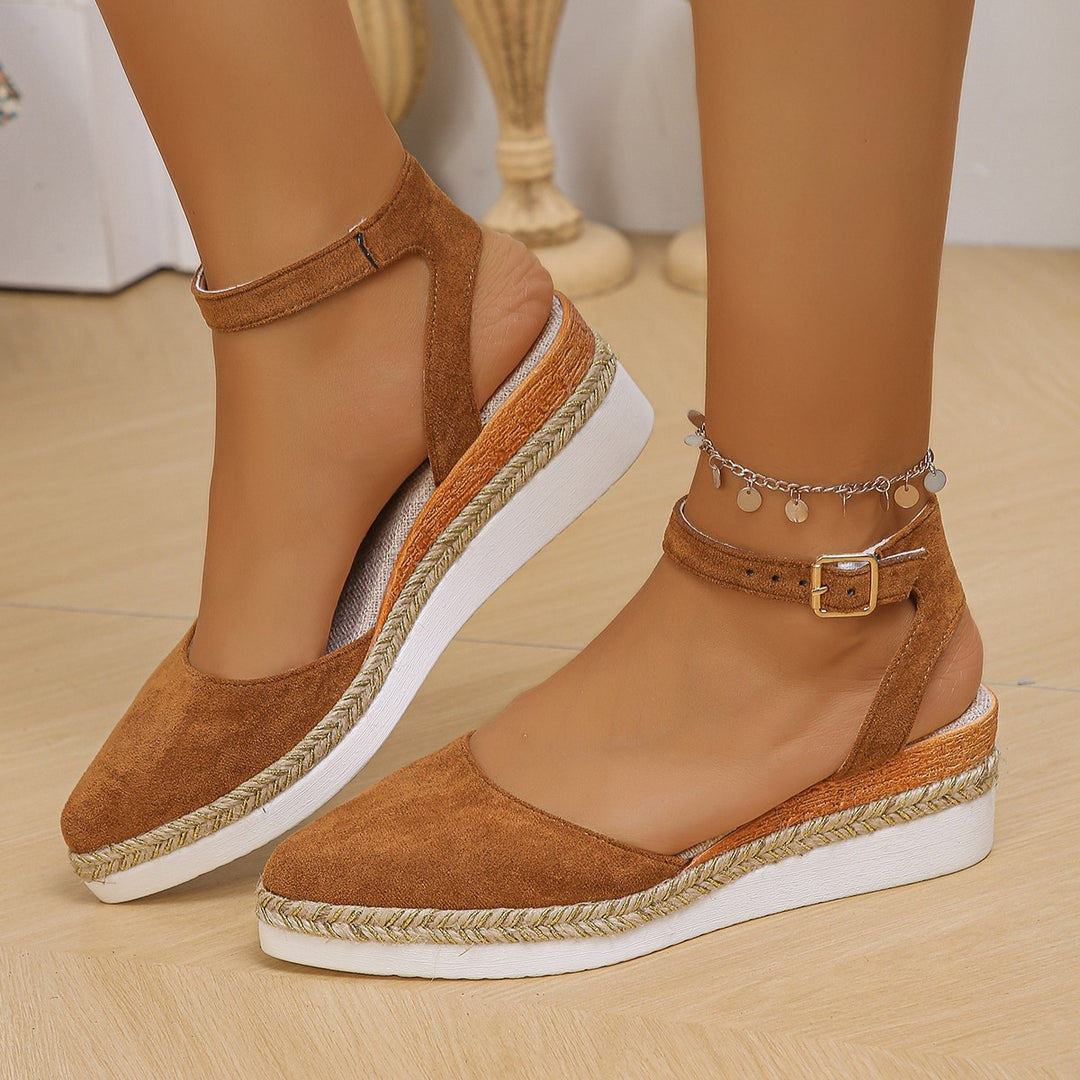Damen nan geschlossene Velours-Espadrille mit Keilplattform, verstellbarem Knöchelriemen und geflochtenem Bastrand Echo Archiv
