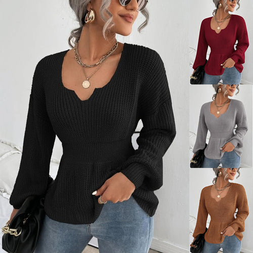 Damen Taillierter Feinstrickpullover mit eingekerbtem V-Ausschnitt, taillenbetonter Rippzone und Ballonärmeln Echo Archiv