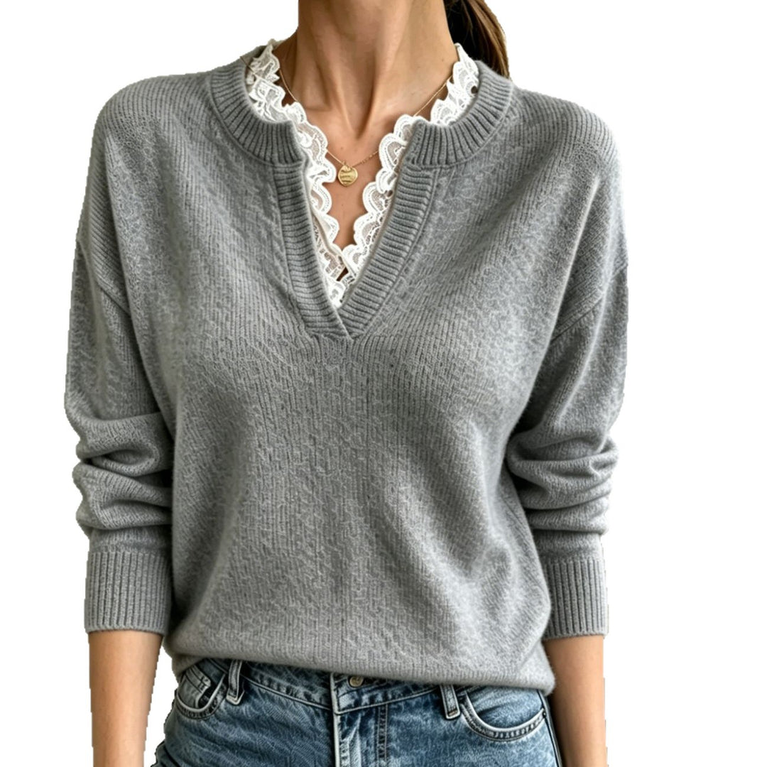 Damen V-Ausschnitt Feinstrickpullover mit dekorativem Spitzenkragen – Mavelle