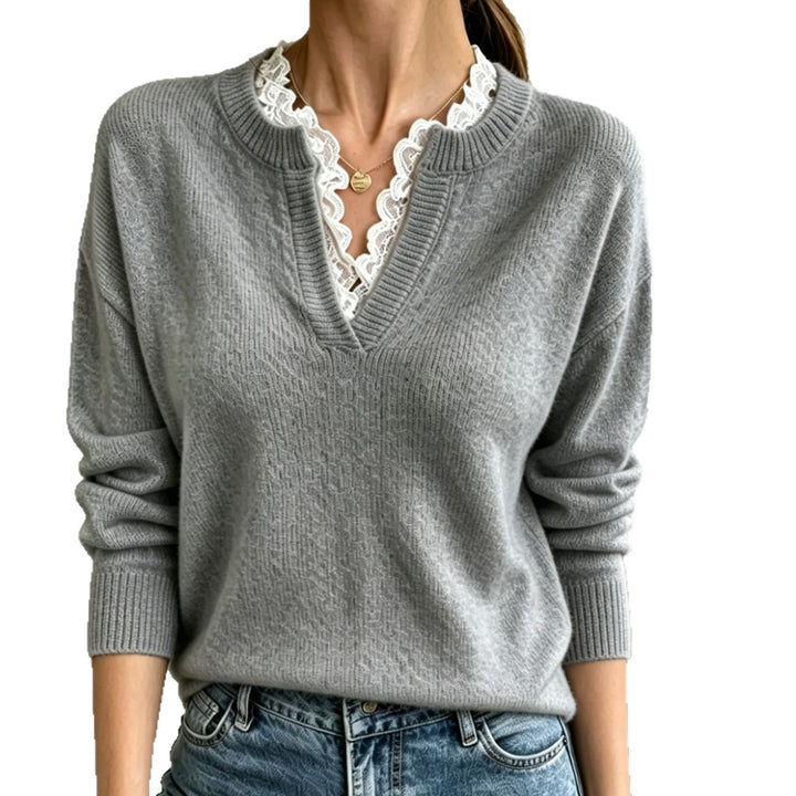Damen V-Ausschnitt Feinstrickpullover mit dekorativem Spitzenkragen – Mavelle