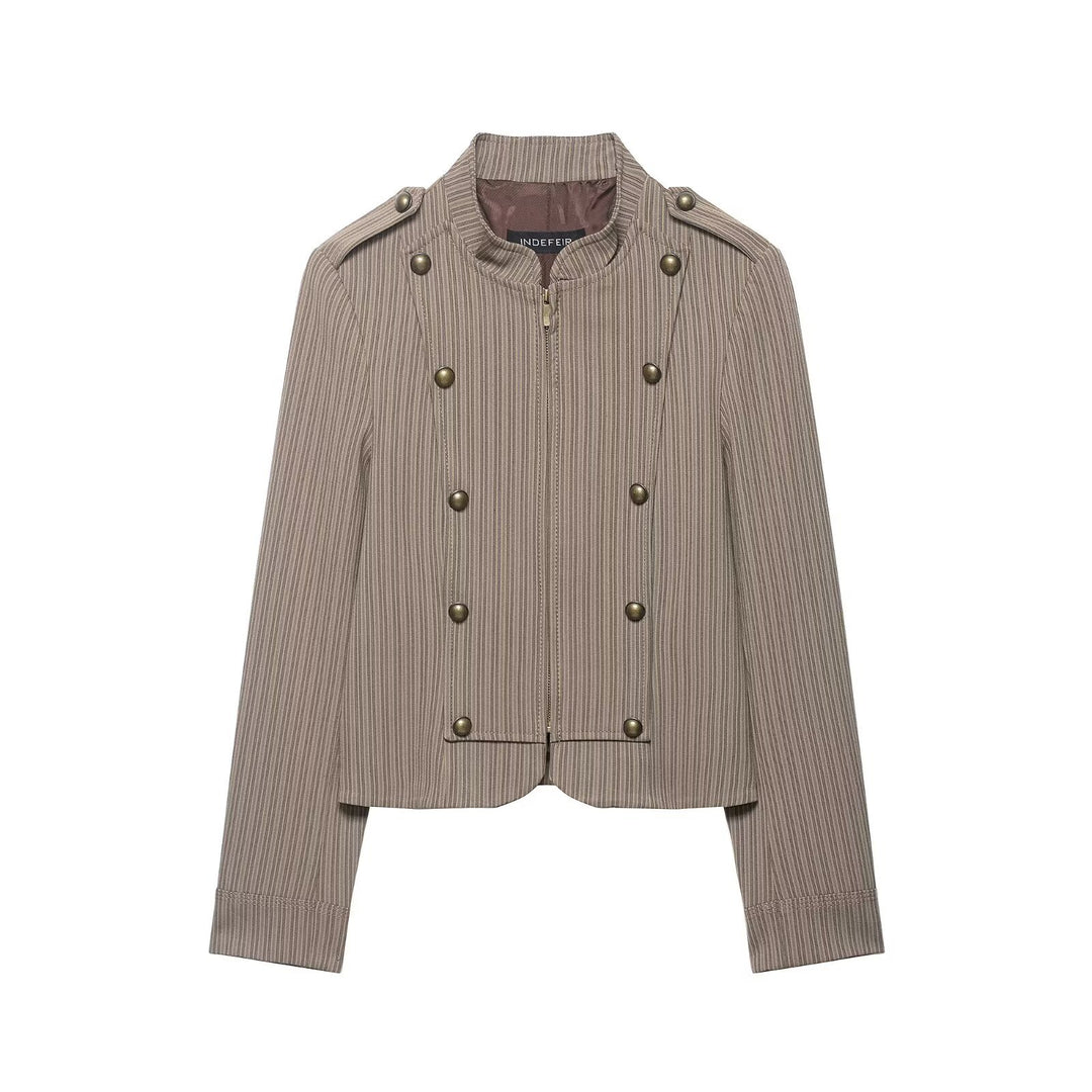 Damen Kurzjacke im Military-Stil mit Stehkragen, Zierknopfleiste und feinem Nadelstreifen Echo Archiv