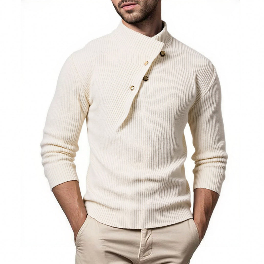 Herren modischer Strickpullover mit Stehkragen und asymmetrischer Knopfleiste Echoarchiv