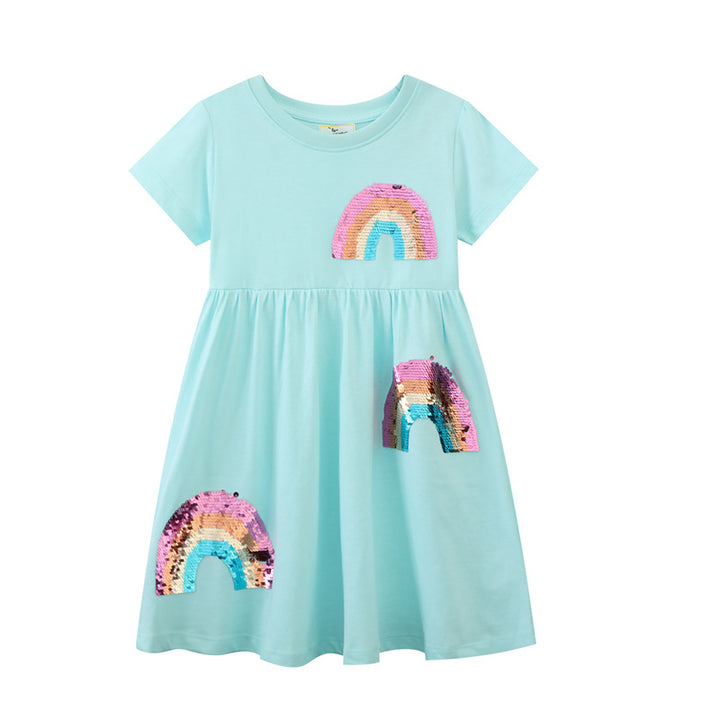 Mädchen Kurzarm-T-Shirt Kleid mit buntem Glitzer-Regenbogen Design Echo Archiv