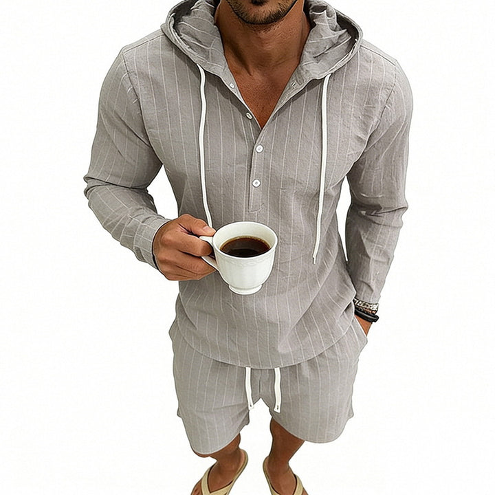 Herren nan gestreiftes Leinenoptik-Kapuzen-Henley-Set mit Tunnelzug-Shorts Echo Archiv