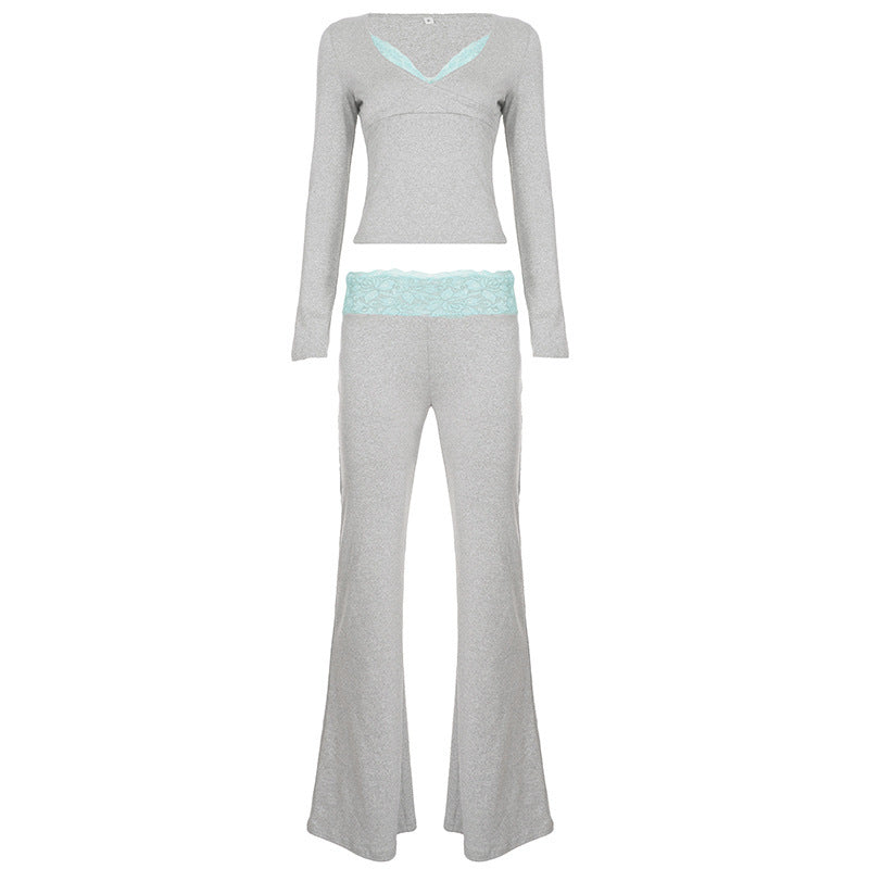 Damen Zweiteiliges Lounge-Set aus Stretchjersey mit V‑Ausschnitt Crop-Top und ausgestellter hochtaillierter Hose – Élanora