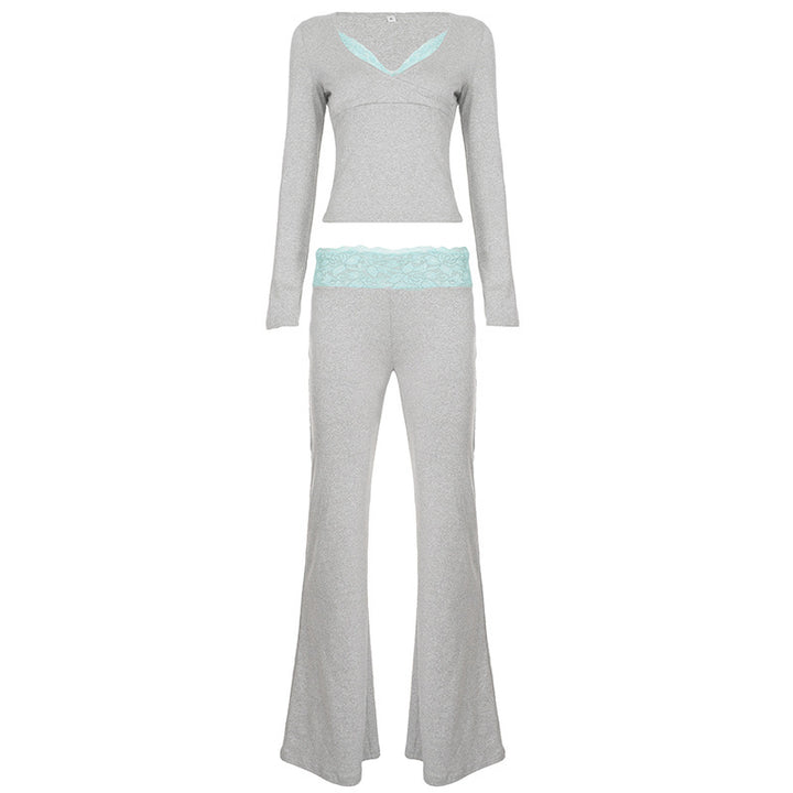 Damen Zweiteiliges Lounge-Set aus Stretchjersey mit V‑Ausschnitt Crop-Top und ausgestellter hochtaillierter Hose – Élanora