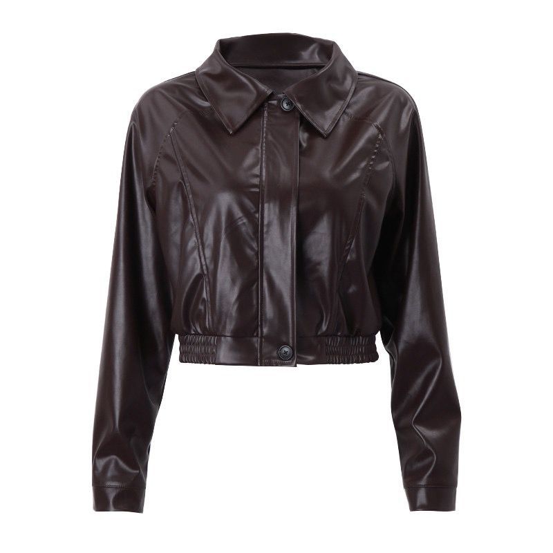 Damen Kurz geschnittene Kunstlederjacke mit Hemdkragen, Reißverschluss und elastischem Saum – Célinea