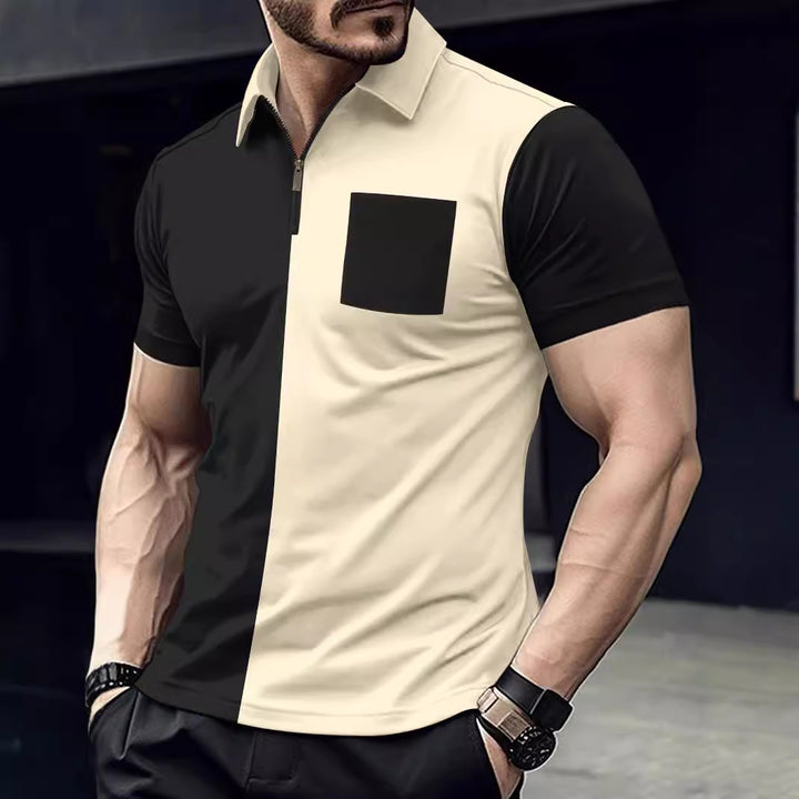 Herren modernes Kurzarmshirt mit Reißverschluss und kontrastierenden Farbschnitten Echoarchiv