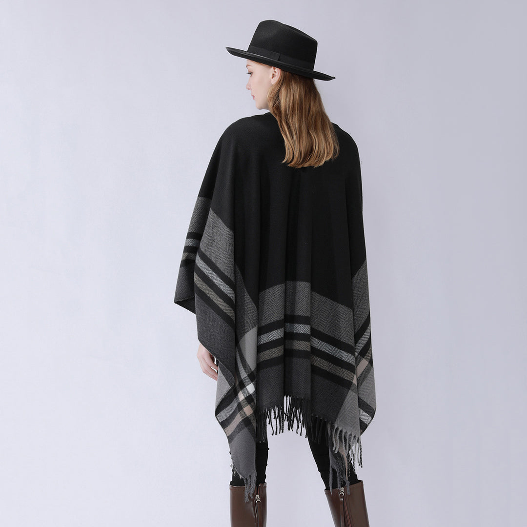 Damen Cape-Umhang aus Wollmix mit Bindegürtel und Karodessin Echo Archiv