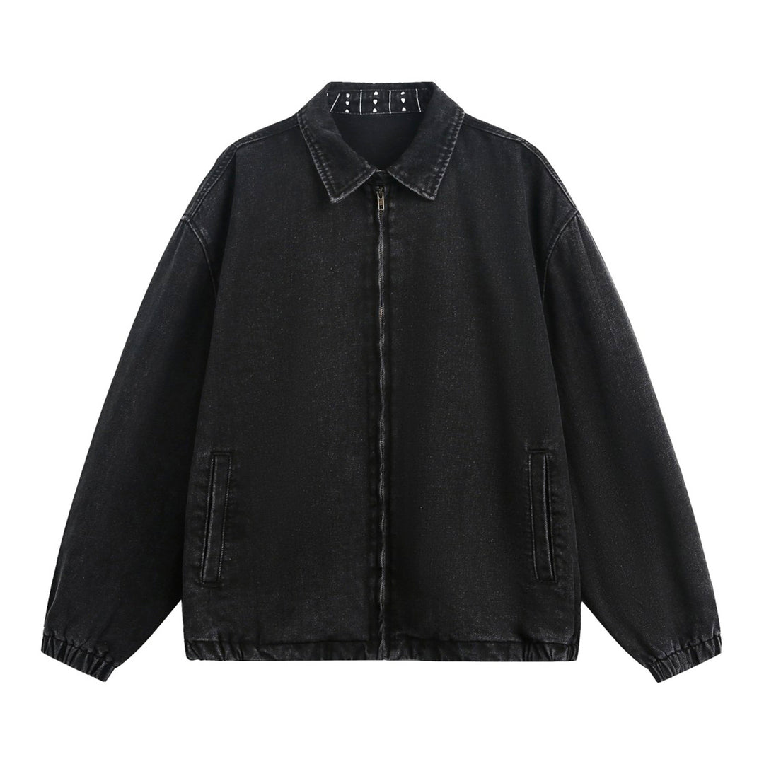 Unisex Oversize Denim-Übergangsjacke mit verdecktem Frontreißverschluss, Hemdkragen und elastischem Saum Echo Archiv
