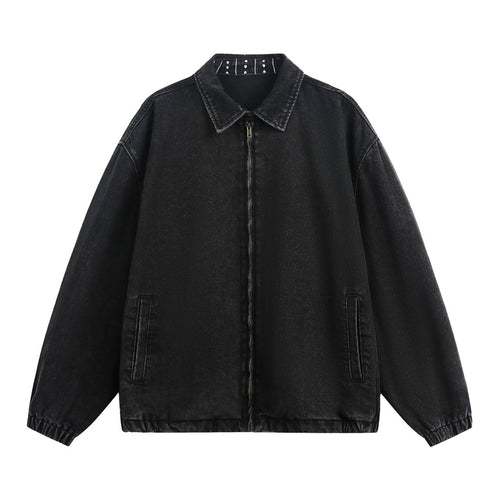 Unisex Oversize Denim-Übergangsjacke mit verdecktem Frontreißverschluss, Hemdkragen und elastischem Saum Echo Archiv
