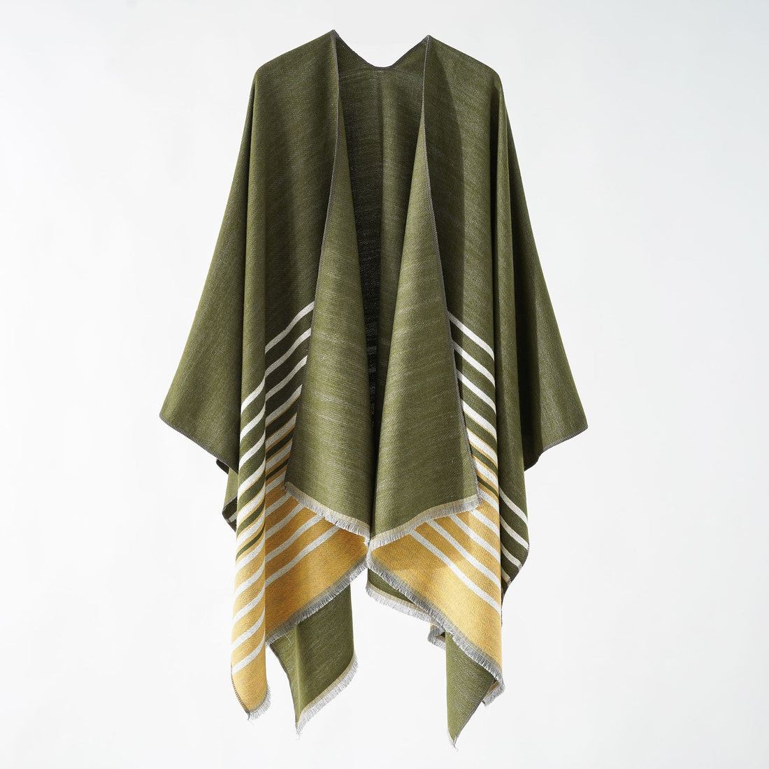 Damen Oversize-Ruana‑Überwurf aus Kaschmir‑Touch Wollmix mit Fransensaum und Streifendetail – Montévia