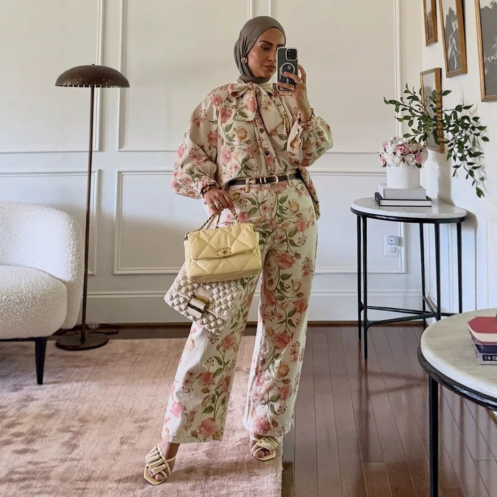 Damen Zweiteiliges Blumen-Print Co-Ord-Set mit Oversize-Blouson und High-Waist-Hose Echoarchiv