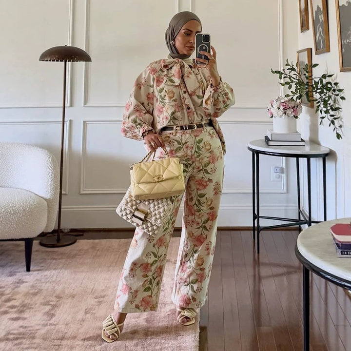 Damen Zweiteiliges Blumen-Print Co-Ord-Set mit Oversize-Blouson und High-Waist-Hose Echoarchiv