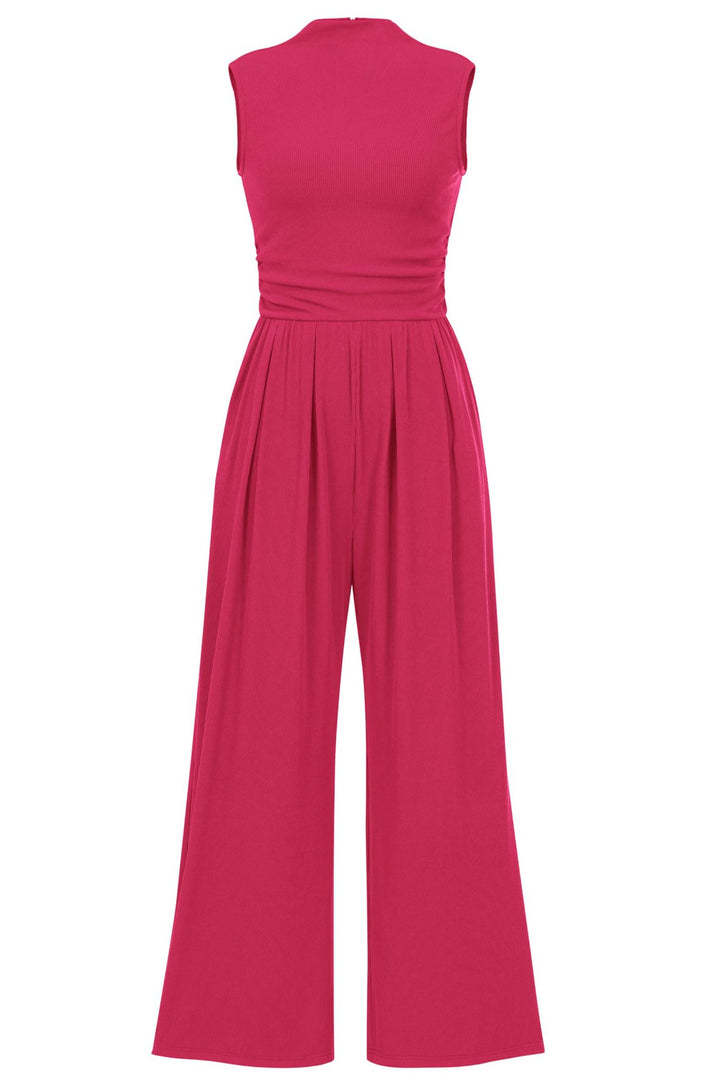 Damen Ärmelloser Palazzohose-Jumpsuit mit taillierter Rippenoberseite und weiten Plissé-Bein – Solévia