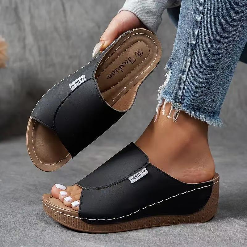 Damen nan anatomisch geformte Schlupf-Sandale mit ergonomischer Keilsohle und genähter Randnaht Echo Archiv
