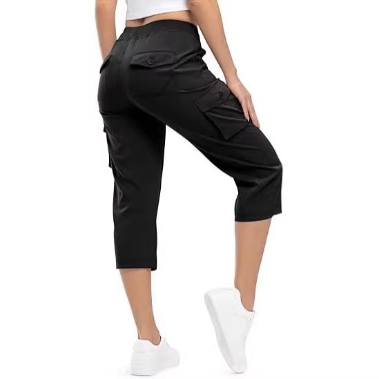 Damen Capri Cargo-Hosen in Bermuda-Länge mit hoher Taille und aufgesetzten Klappentaschen Echoarchiv