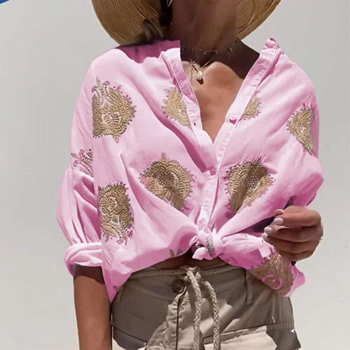 Damen Boho Leinen Bluse mit Perlenstickerei und Knotenband Echoarchiv