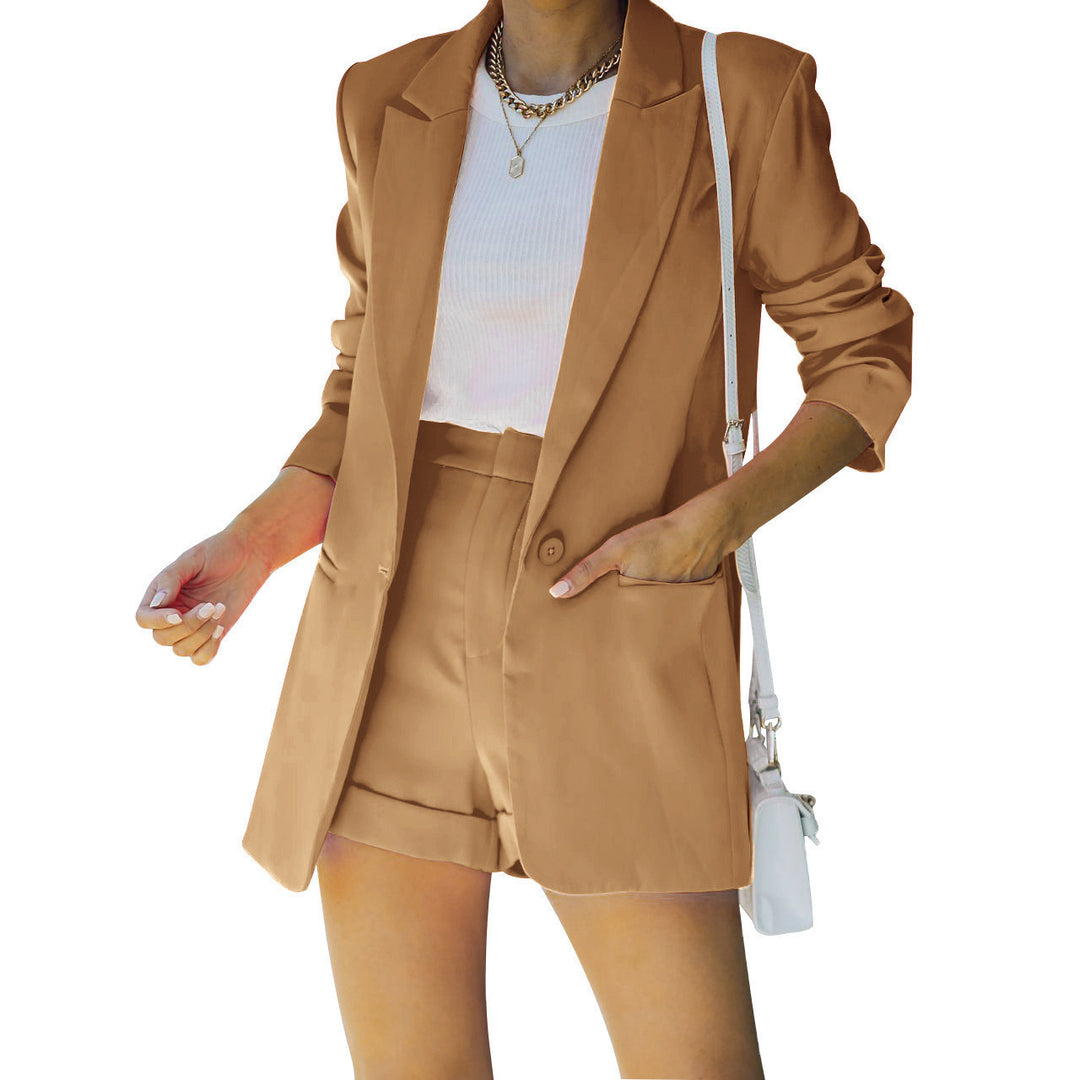 Damen nan figurbetontes Longblazer- und High-Waist-Shorts-Set mit überschnittenen Schultern und aufgesetzten Taschen Echo Archiv
