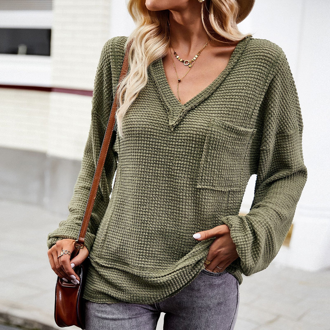 Damen nan Waffelstruktur V‑Neck Pullover mit aufgesetzter Brusttasche und überschnittenen Ärmeln Echo Archiv