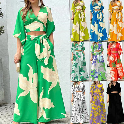 Damen Zwei-Teiler Sommer Set mit Wickel-Crop-Top und Hochtaillierten Palazzo-Hosen EB – Élanora