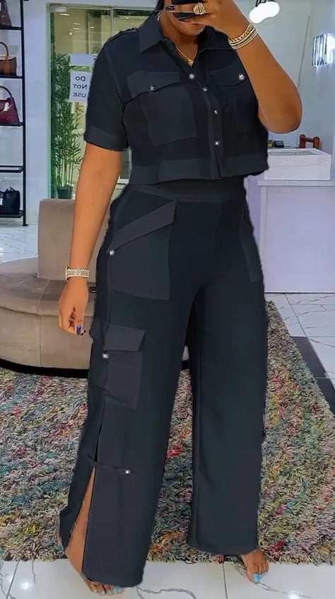 Damen nan zweiteiliges Hemd- und Cargo-Hosen-Set mit kurzem Oversize-Hemd, hoher Taille, weitem Bein und seitlichen Beinschlitzen Echo Archiv