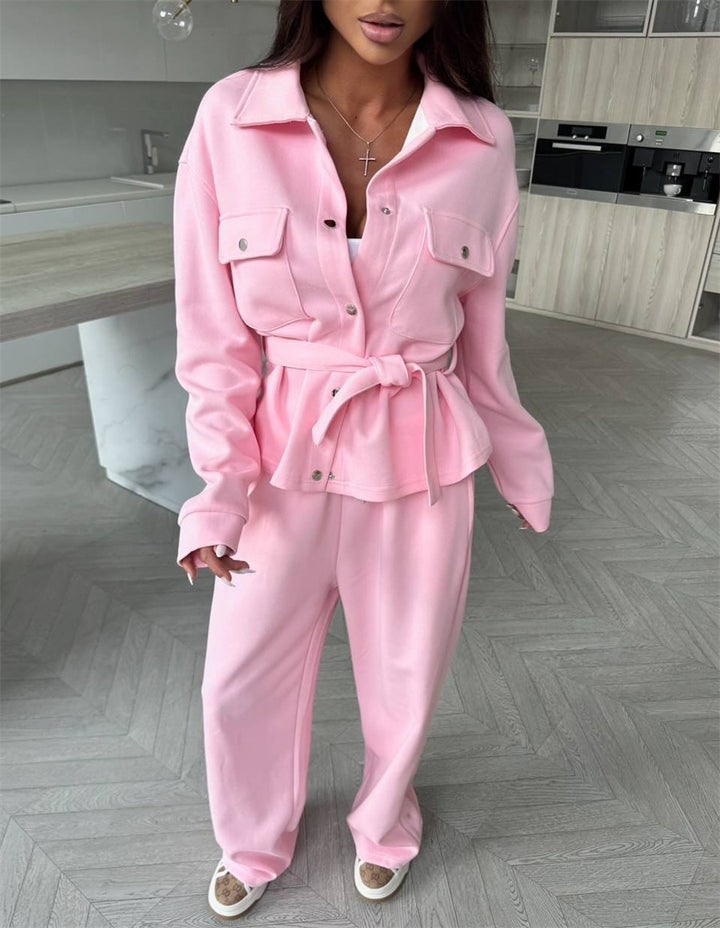 Damen Zweiteiliges Loungewear-Set mit tailliertem Blouson, Bindegürtel und weiter Palazzo-Hose – Élanora