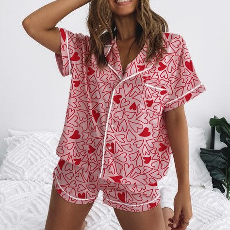 Damen Kurzarm-Pyjama-Set mit verspieltem Schleifenmuster Echoarchiv