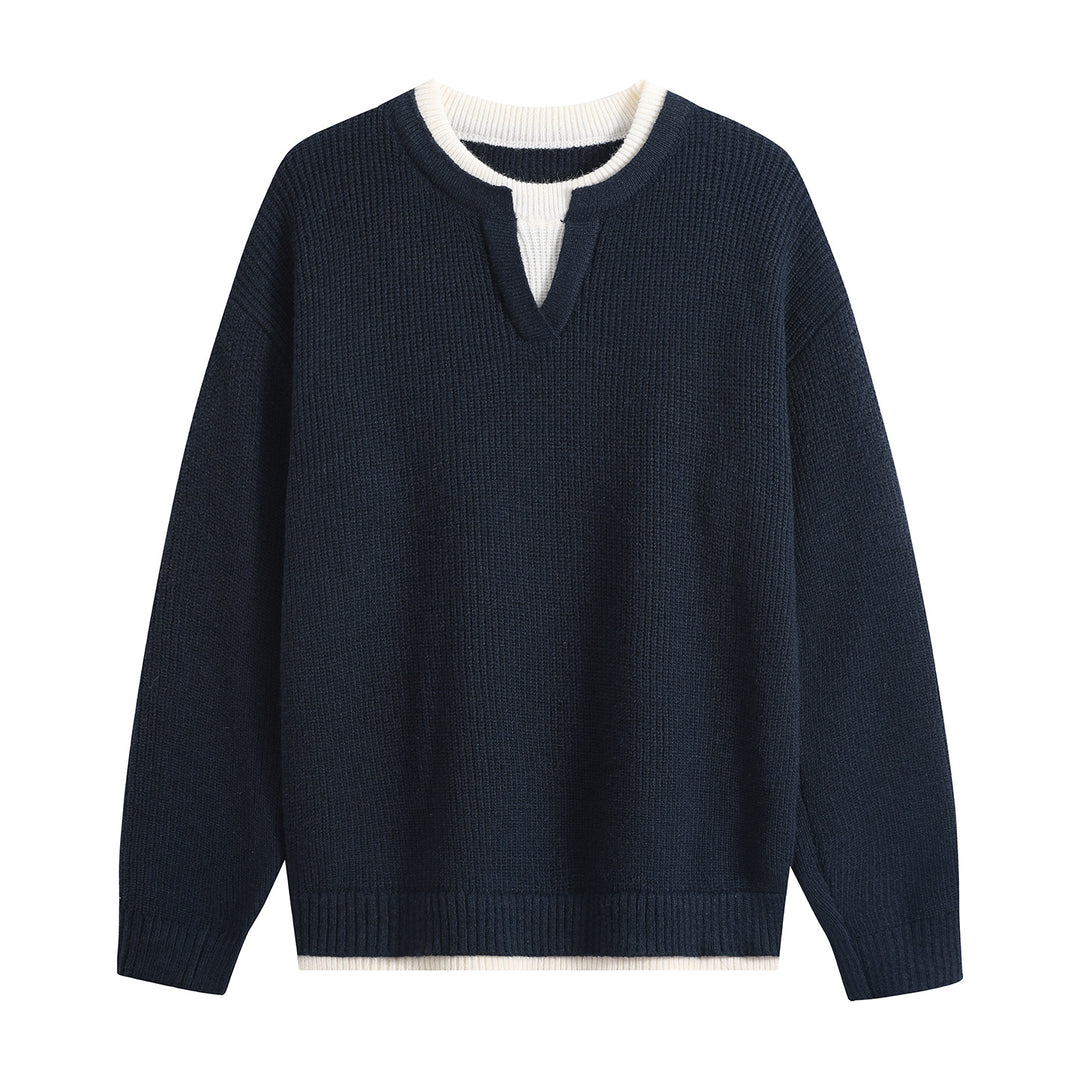 Herren Oversize-Strukturstrick-Pullover mit V‑Einsatz am Rundhals Echoarchiv