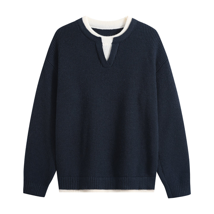 Herren Oversize-Strukturstrick-Pullover mit V‑Einsatz am Rundhals Echoarchiv