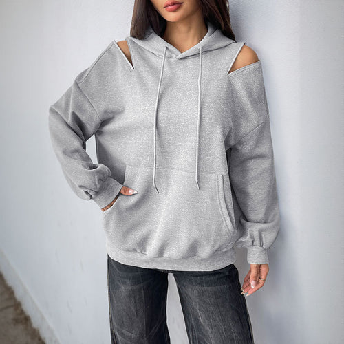 Damen Lässiger Kapuzenpullover mit Schulteröffnungen, Kängurutasche und gerippten Bündchen Echoarchiv