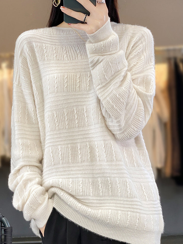 Damen Oversize-Feinstrickpullover mit Strukturblöcken, Mohair‑Look und Rundhalsausschnitt Echoarchiv