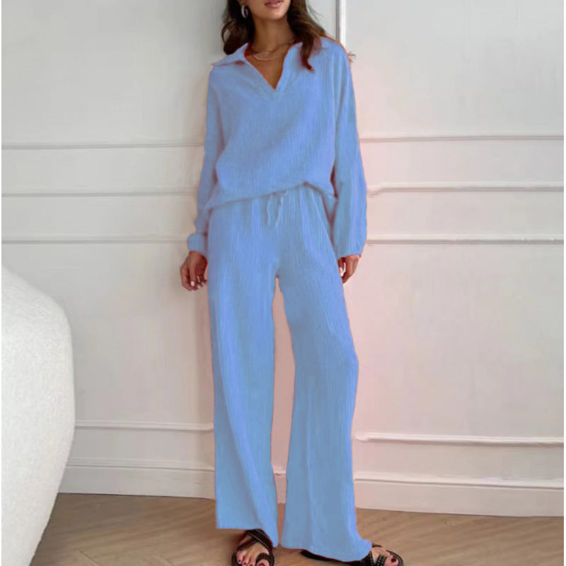 Damen Leichtes Crinkle-Lounge-Set mit V-Ausschnitt und weiter High-Waist-Hose Echo Archiv